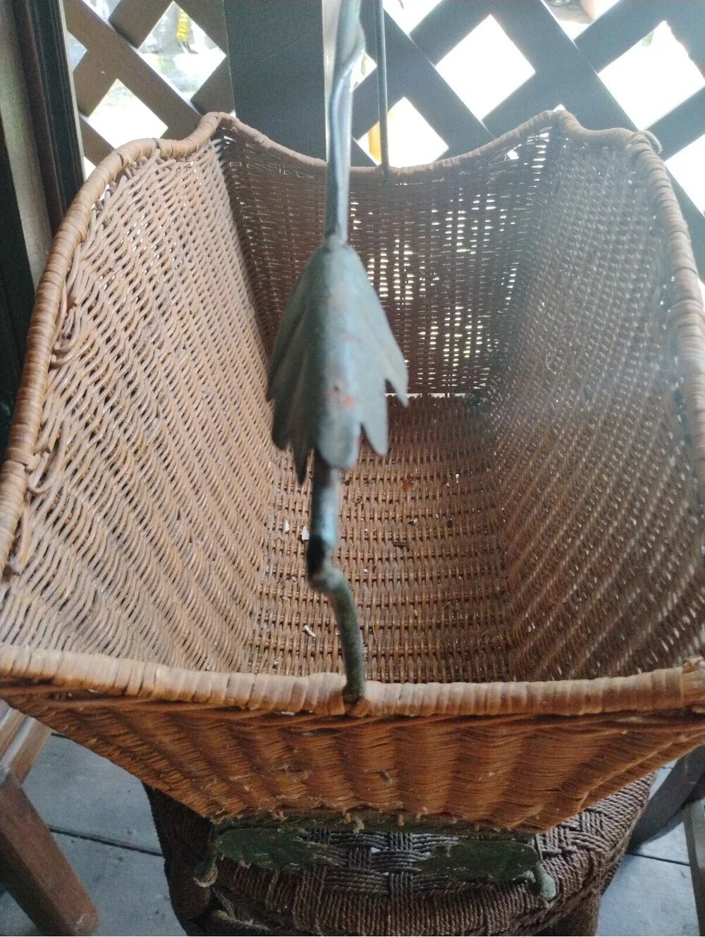 Vintage Wicker Basket with Metal Leaf Detail